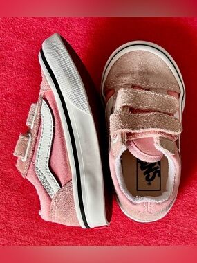 Vans Kids Pink Suede & Canvas Velcro Skate Shoes with White Stripe